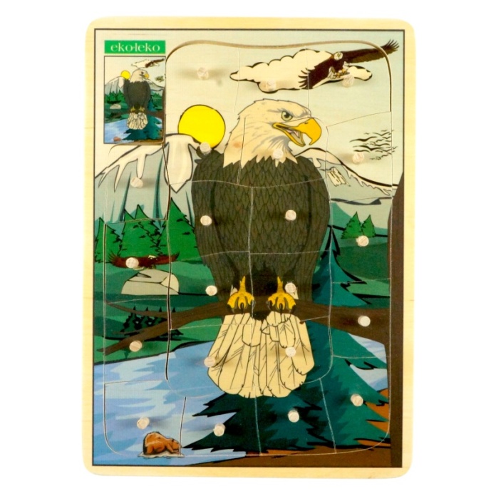 Drewniana układanka orzeł z kołeczkami dla seniora pomoc terapeutyczna